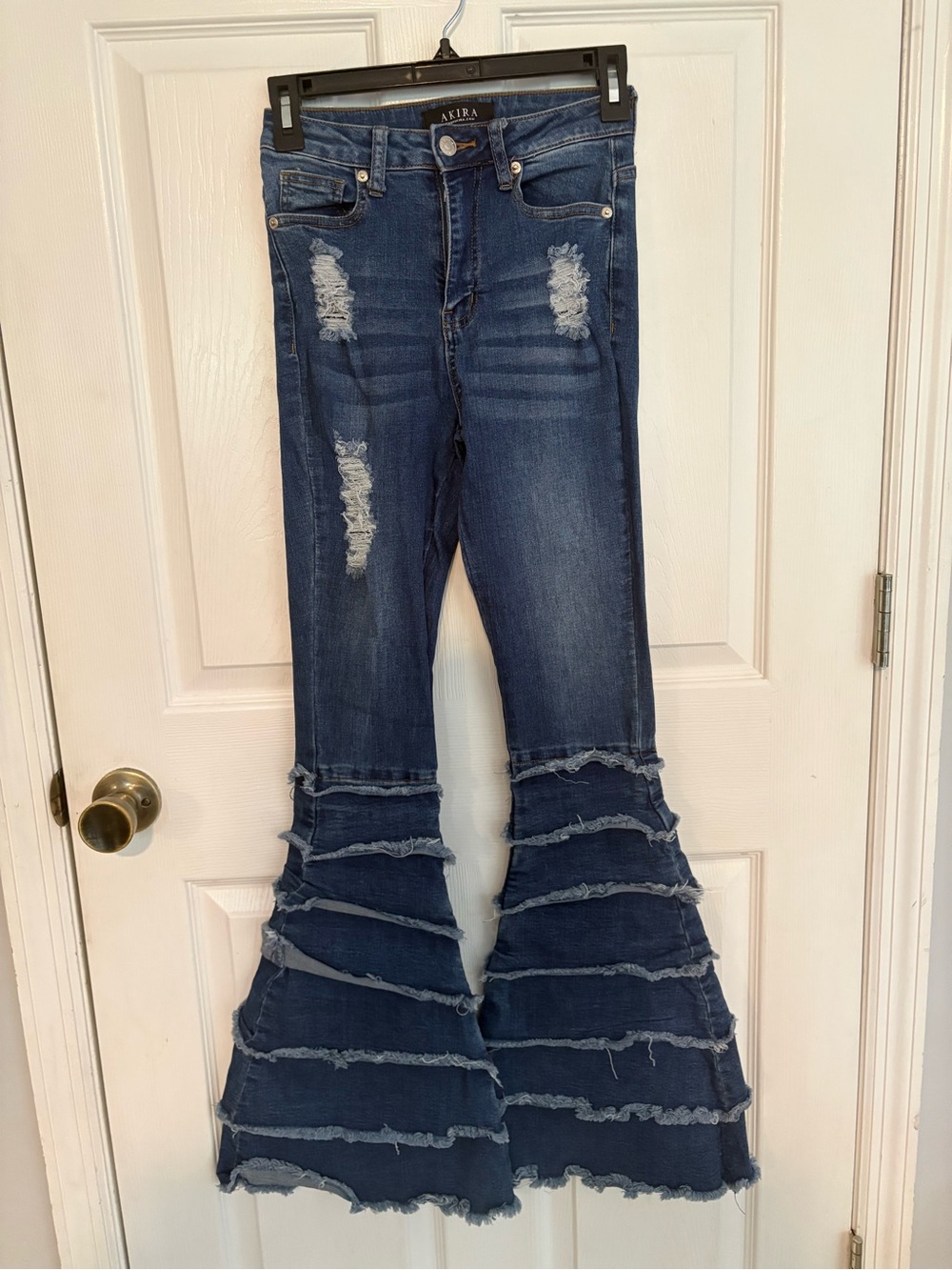 AKIRA Distressed Tiered Flare Jeans in Dark Blue